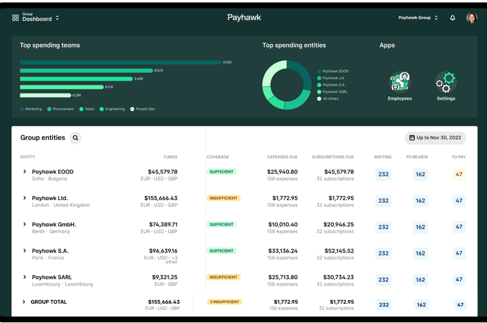 Payhawk Multi Entity Management Dashboard